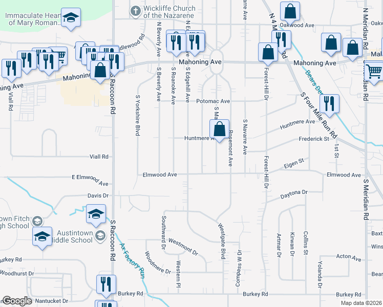 map of restaurants, bars, coffee shops, grocery stores, and more near 239 South Edgehill Avenue in Youngstown