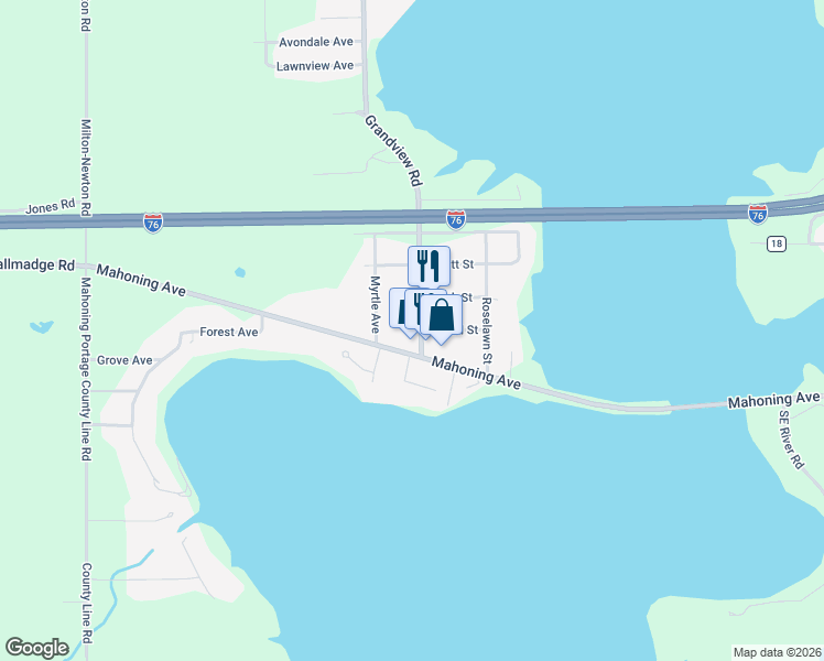 map of restaurants, bars, coffee shops, grocery stores, and more near 292 Grandview Road in Lake Milton