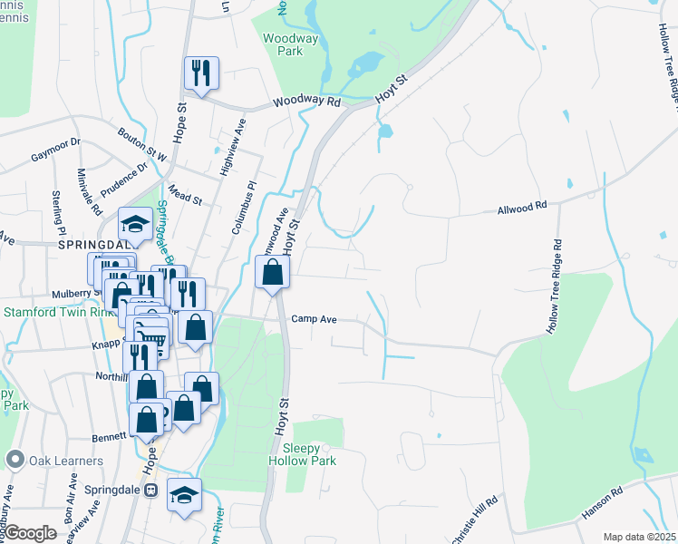 map of restaurants, bars, coffee shops, grocery stores, and more near 30 Wakemore Street in Darien
