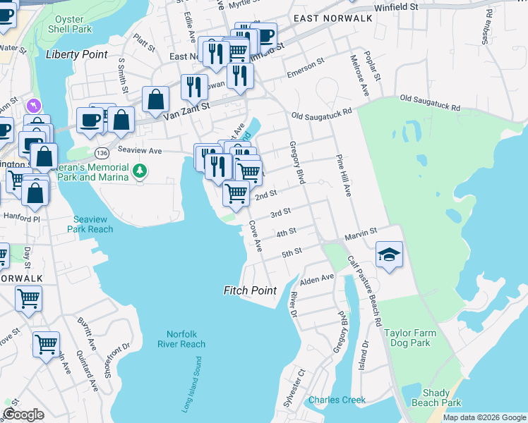 map of restaurants, bars, coffee shops, grocery stores, and more near 5 3rd Street in Norwalk