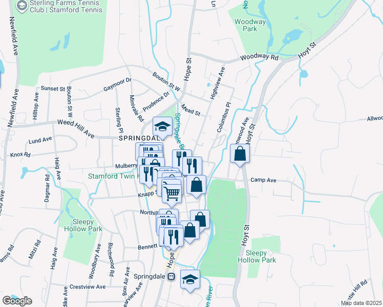 map of restaurants, bars, coffee shops, grocery stores, and more near 42 Highview Avenue in Stamford