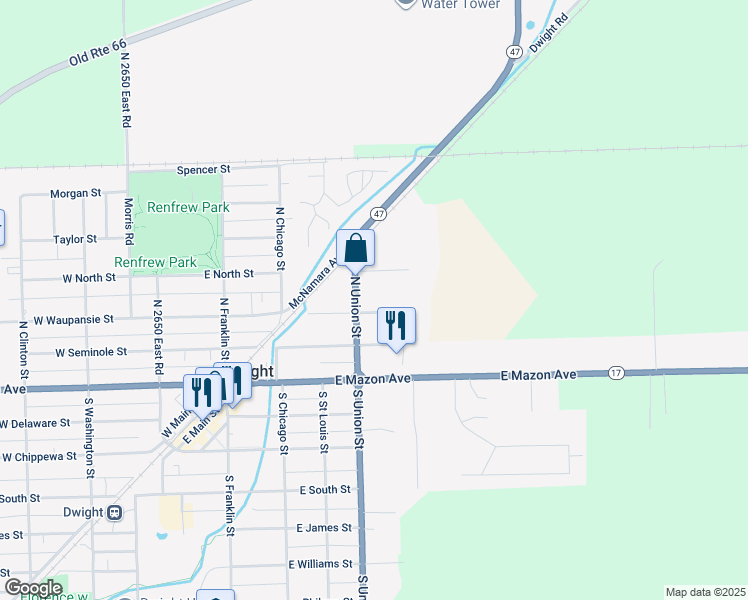 map of restaurants, bars, coffee shops, grocery stores, and more near 410 East Waupansie Street in Dwight