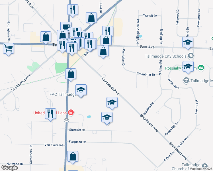 map of restaurants, bars, coffee shops, grocery stores, and more near 198 Southeast Avenue in Tallmadge