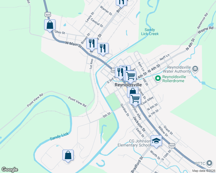 map of restaurants, bars, coffee shops, grocery stores, and more near 311 Jackson Street in Reynoldsville