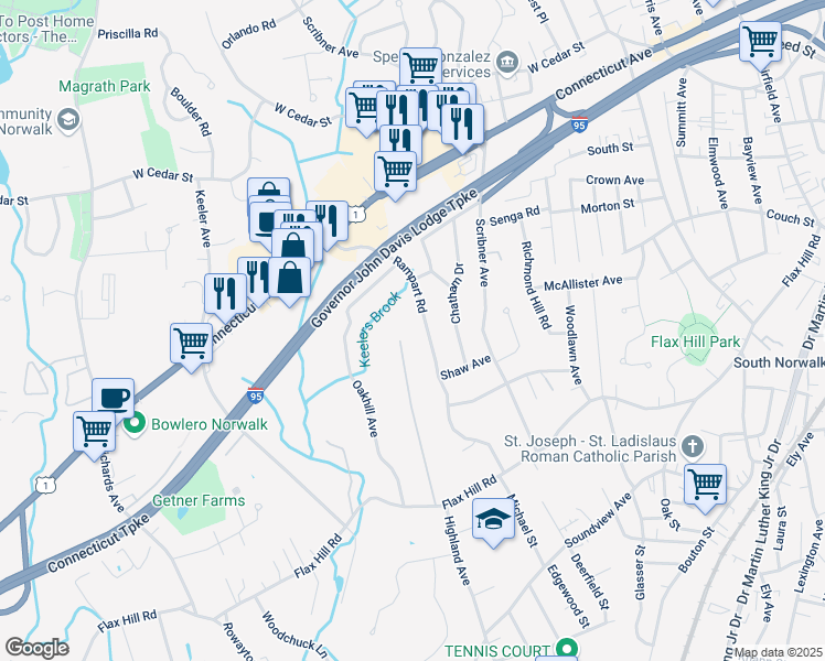 map of restaurants, bars, coffee shops, grocery stores, and more near 18 West View Lane in Norwalk