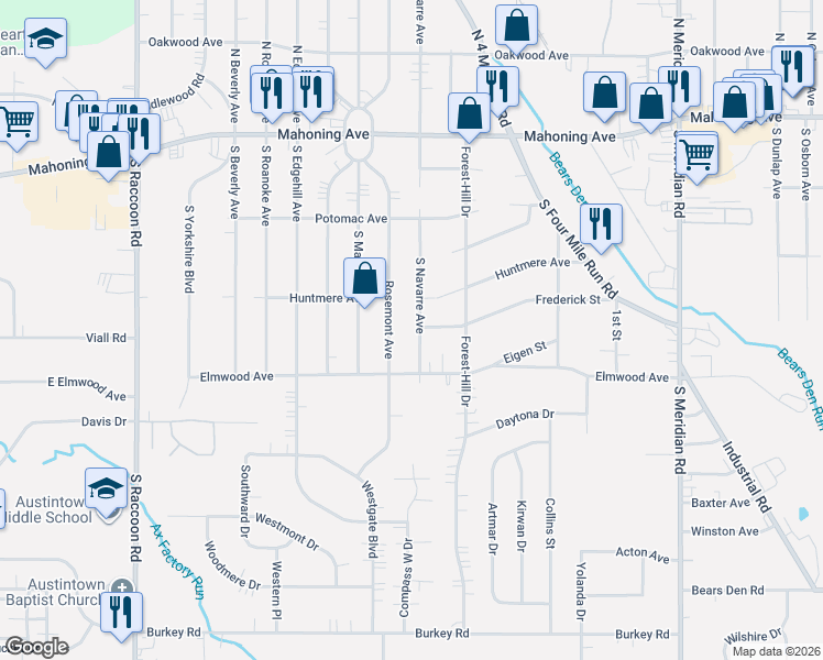 map of restaurants, bars, coffee shops, grocery stores, and more near 223 South Navarre Avenue in Youngstown