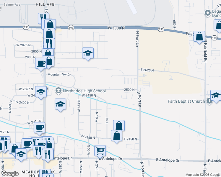 map of restaurants, bars, coffee shops, grocery stores, and more near 2500 North Fort Lane in Layton