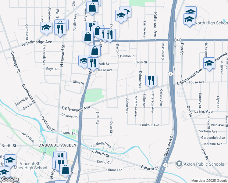 map of restaurants, bars, coffee shops, grocery stores, and more near 198 Butler Court in Akron