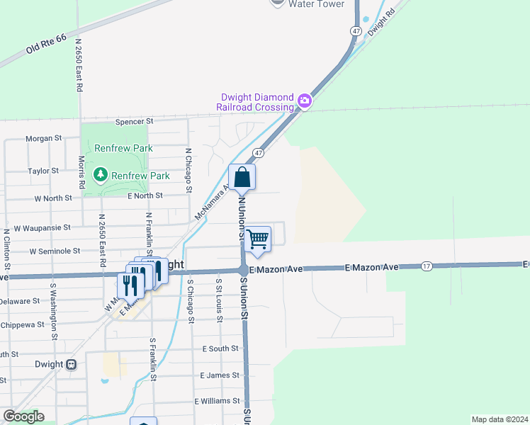 map of restaurants, bars, coffee shops, grocery stores, and more near 410 East Waupansie Street in Dwight