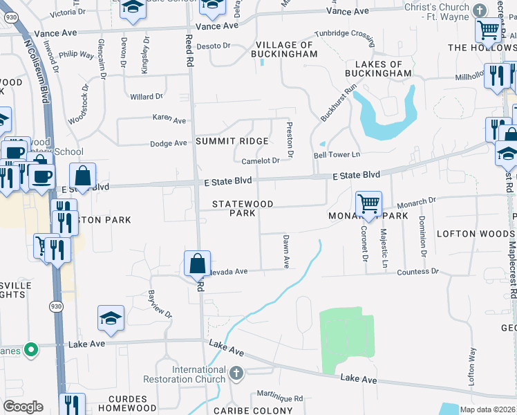 map of restaurants, bars, coffee shops, grocery stores, and more near 2100 Berkley Avenue in Fort Wayne