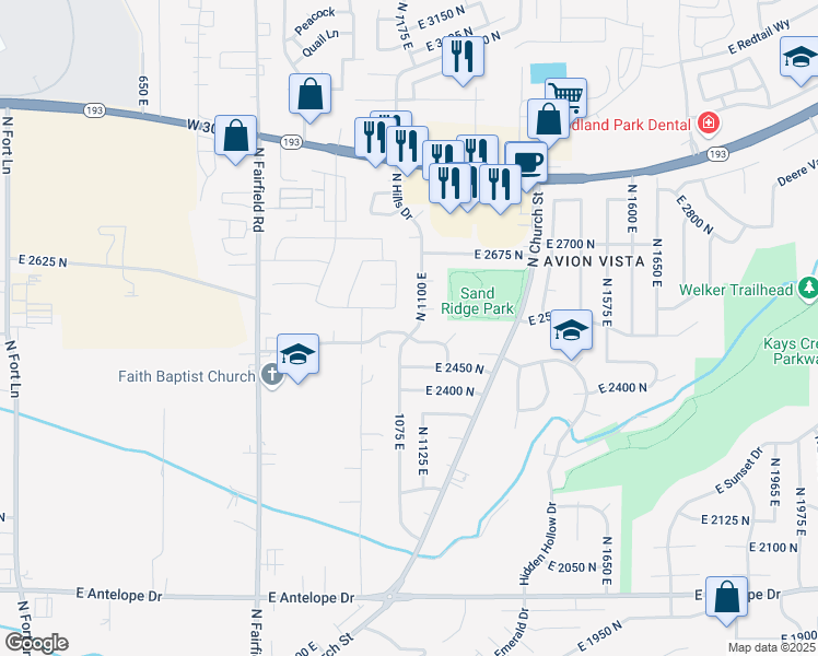 map of restaurants, bars, coffee shops, grocery stores, and more near 1073 East 2525 North in Layton