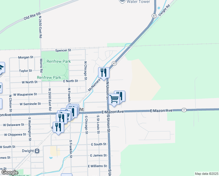 map of restaurants, bars, coffee shops, grocery stores, and more near 304 North Union Street in Dwight