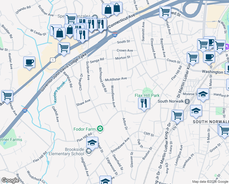 map of restaurants, bars, coffee shops, grocery stores, and more near 24 Woodlawn Avenue in Norwalk