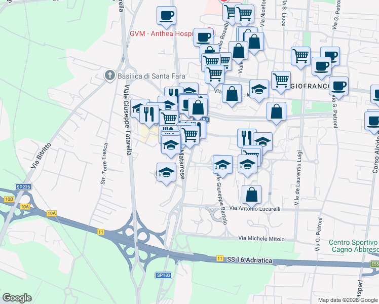 map of restaurants, bars, coffee shops, grocery stores, and more near 49 Via Camillo Rosalba in Bari