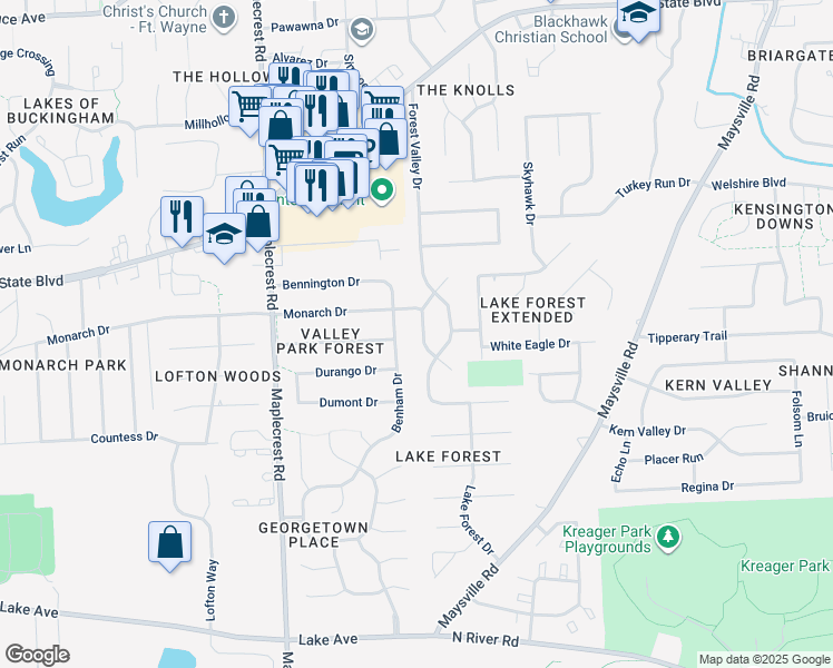 map of restaurants, bars, coffee shops, grocery stores, and more near 1825 Forest Downs Drive in Fort Wayne