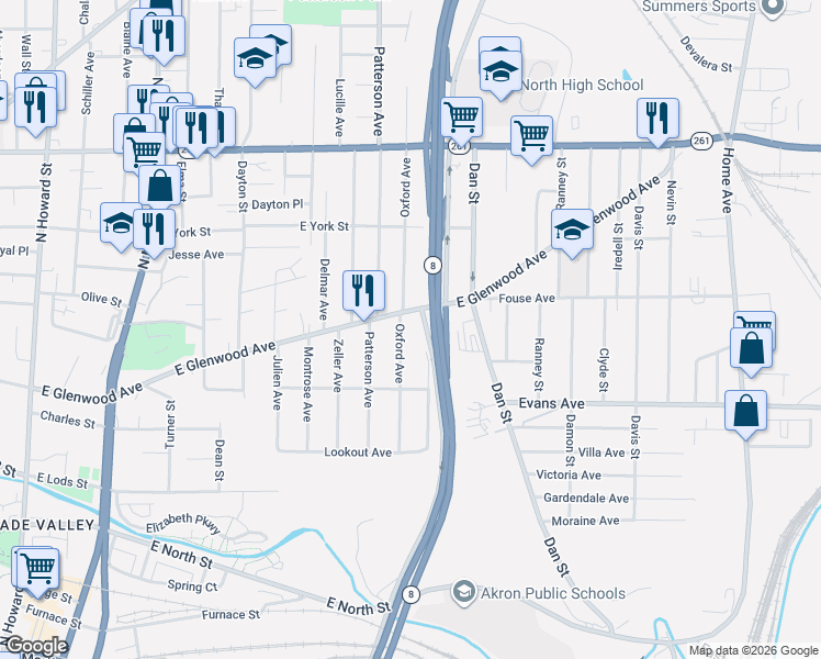 map of restaurants, bars, coffee shops, grocery stores, and more near 411 Oxford Avenue in Akron