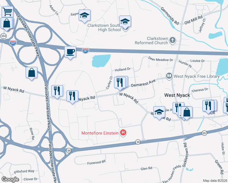 map of restaurants, bars, coffee shops, grocery stores, and more near 502 West Nyack Road in West Nyack