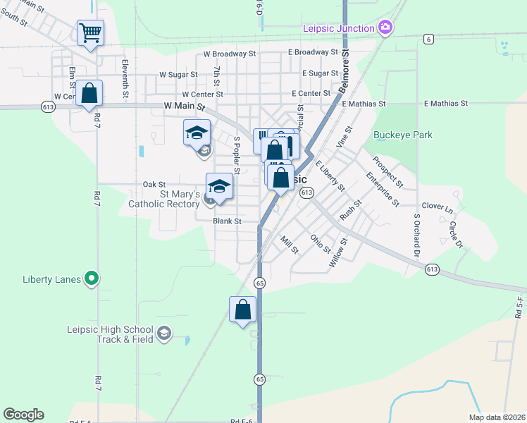 map of restaurants, bars, coffee shops, grocery stores, and more near 404 South Eastom Street in Leipsic