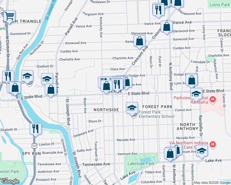 map of restaurants, bars, coffee shops, grocery stores, and more near in Fort Wayne