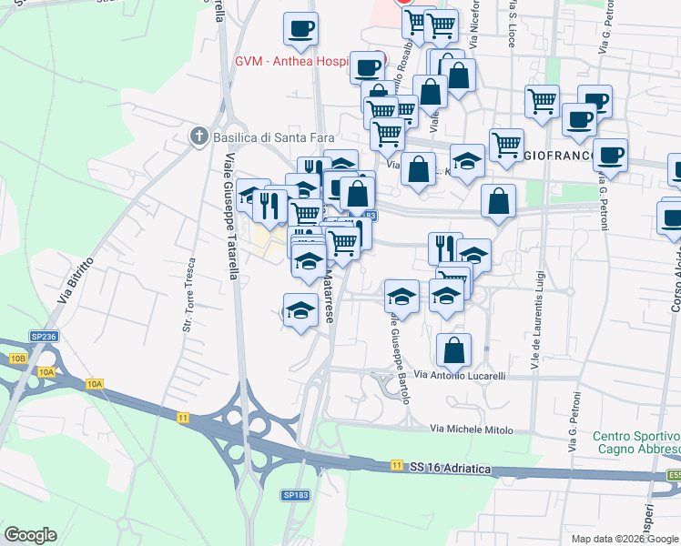 map of restaurants, bars, coffee shops, grocery stores, and more near 49 Via Camillo Rosalba in Bari