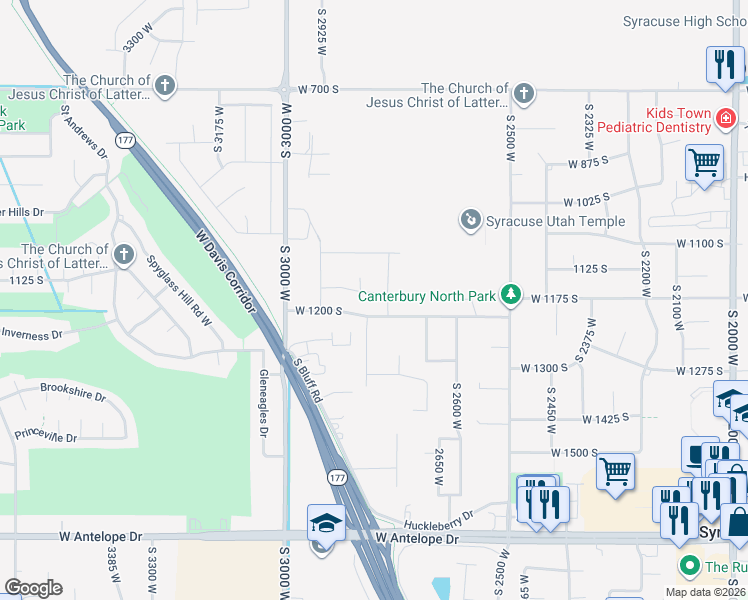 map of restaurants, bars, coffee shops, grocery stores, and more near 2787 West 1150 South in Syracuse
