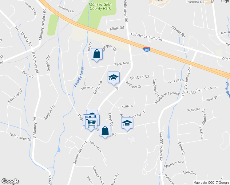 map of restaurants, bars, coffee shops, grocery stores, and more near 271 Saddle River Road in Airmont