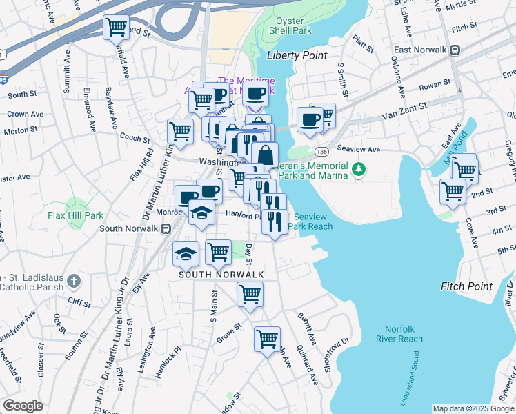 map of restaurants, bars, coffee shops, grocery stores, and more near 85 Connecticut 136 in Norwalk