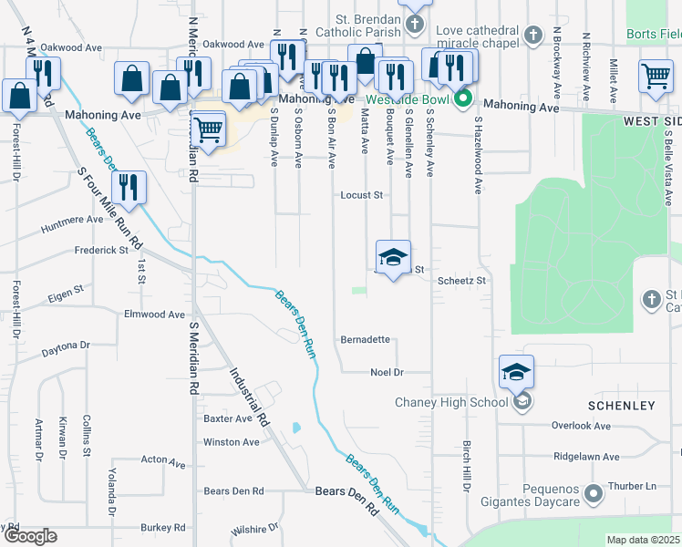 map of restaurants, bars, coffee shops, grocery stores, and more near 301 South Bon Air Avenue in Youngstown