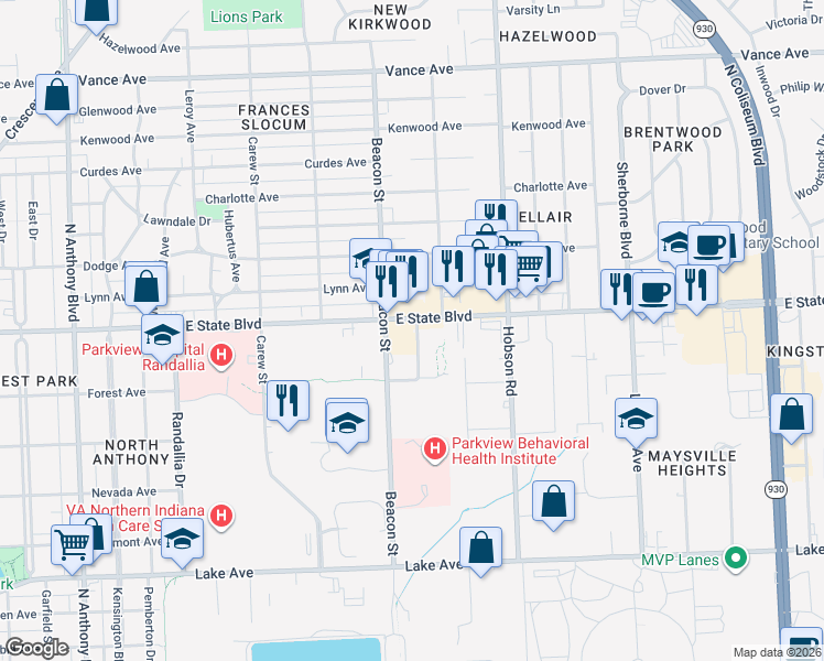 map of restaurants, bars, coffee shops, grocery stores, and more near 2828 East State Boulevard in Fort Wayne