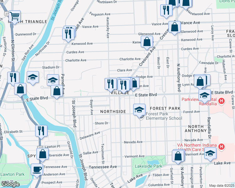 map of restaurants, bars, coffee shops, grocery stores, and more near in Fort Wayne