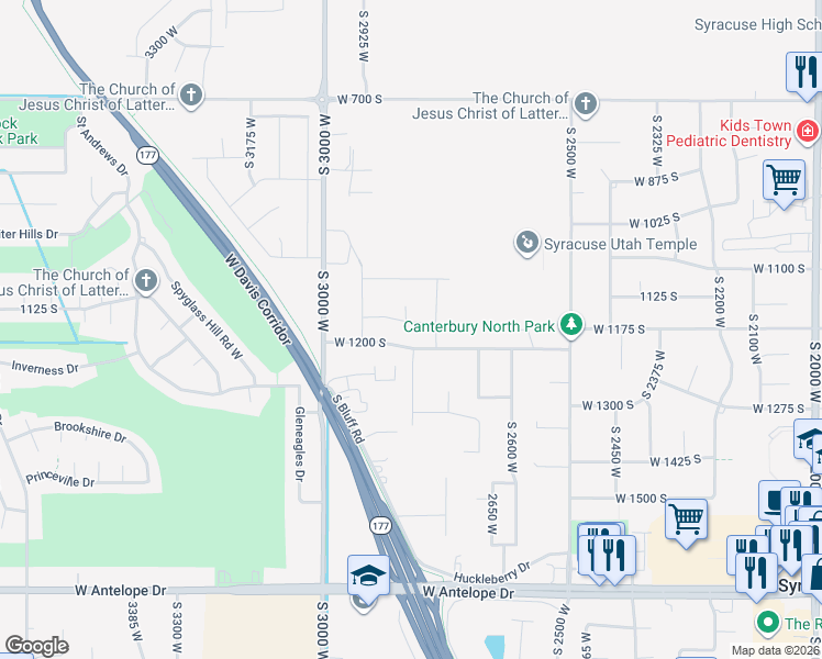 map of restaurants, bars, coffee shops, grocery stores, and more near 2787 West 1150 South in Syracuse