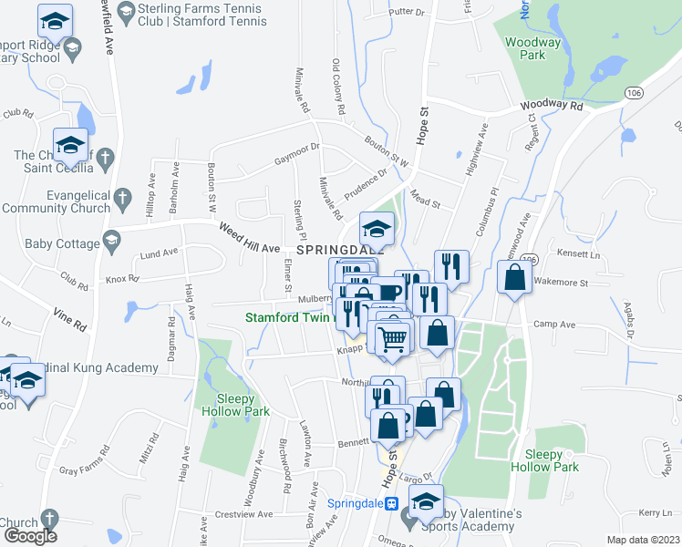 map of restaurants, bars, coffee shops, grocery stores, and more near 1125 Hope Street in Stamford