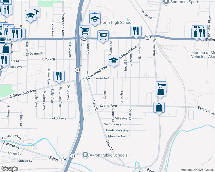 map of restaurants, bars, coffee shops, grocery stores, and more near 768 Damon Street in Akron