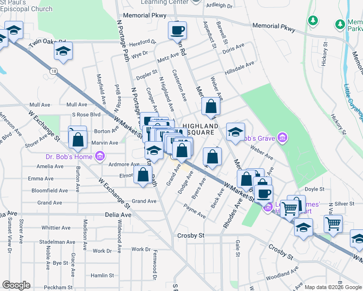 map of restaurants, bars, coffee shops, grocery stores, and more near 37 Casterton Avenue in Akron