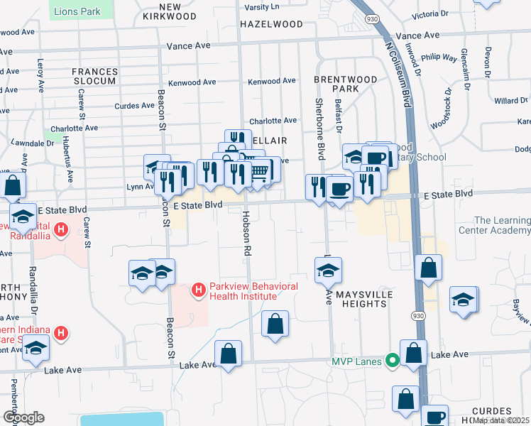 map of restaurants, bars, coffee shops, grocery stores, and more near 3202 East State Boulevard in Fort Wayne