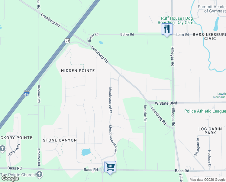 map of restaurants, bars, coffee shops, grocery stores, and more near 2335 Cloverfield Court in Fort Wayne
