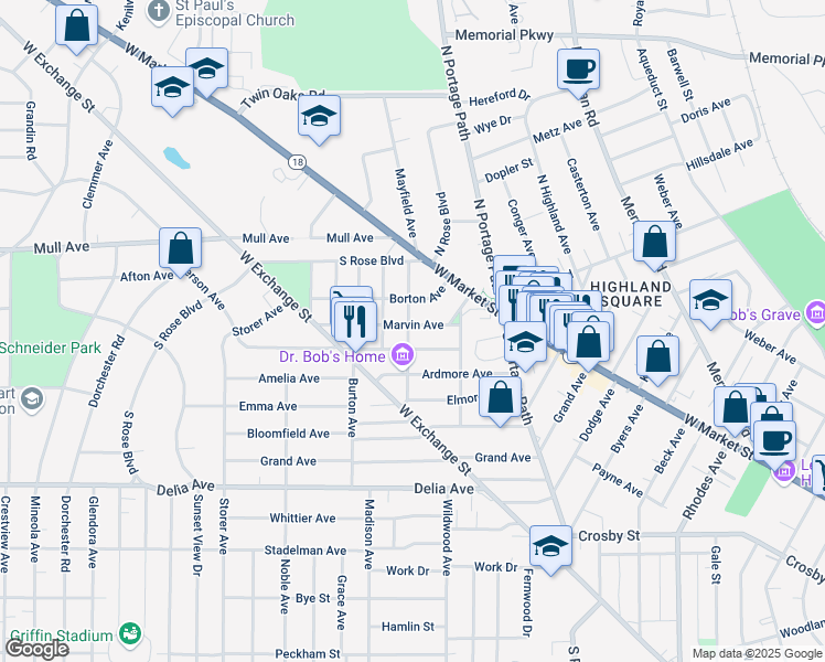 map of restaurants, bars, coffee shops, grocery stores, and more near 80 Marvin Ave in Akron