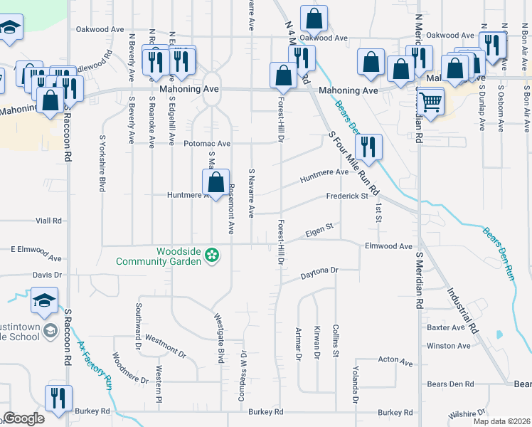map of restaurants, bars, coffee shops, grocery stores, and more near 223 South Navarre Avenue in Youngstown