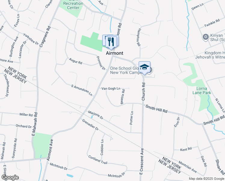 map of restaurants, bars, coffee shops, grocery stores, and more near 7 Van Gogh Lane in Airmont