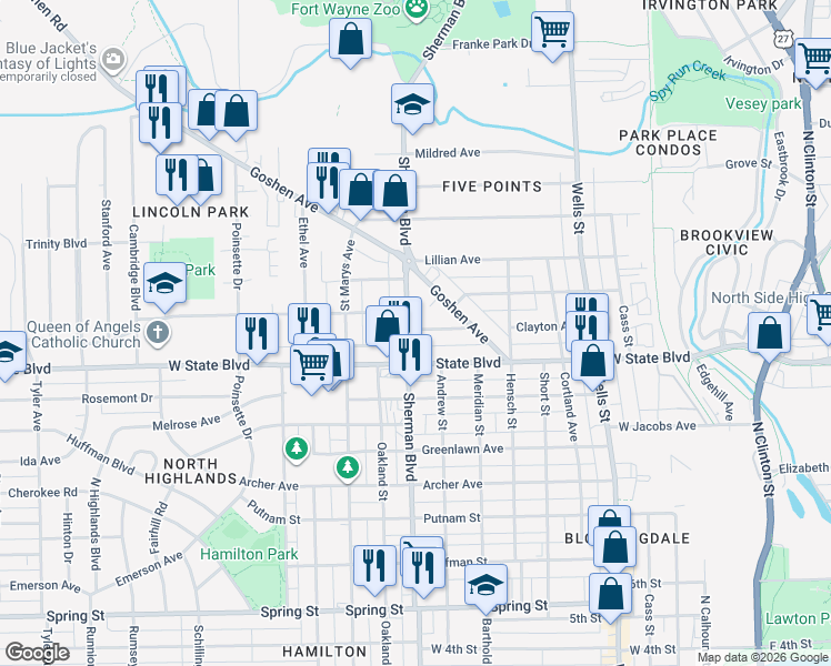 map of restaurants, bars, coffee shops, grocery stores, and more near 831 Hofer Ave in Fort Wayne