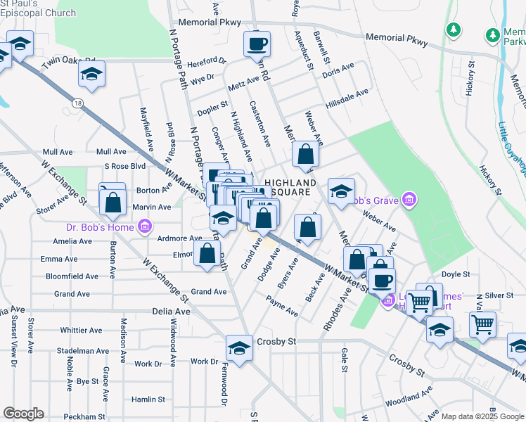 map of restaurants, bars, coffee shops, grocery stores, and more near 37 Casterton Avenue in Akron