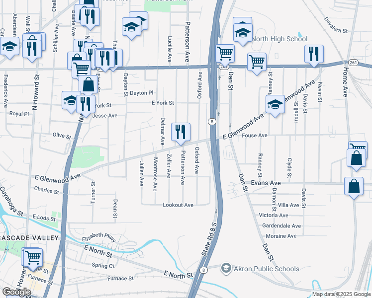 map of restaurants, bars, coffee shops, grocery stores, and more near 384 East Glenwood Avenue in Akron