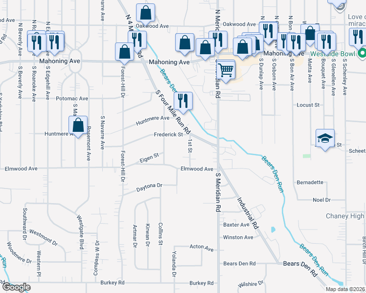 map of restaurants, bars, coffee shops, grocery stores, and more near 220 1st Street in Youngstown