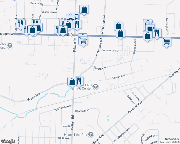 map of restaurants, bars, coffee shops, grocery stores, and more near 181 South Thomas Road in Tallmadge