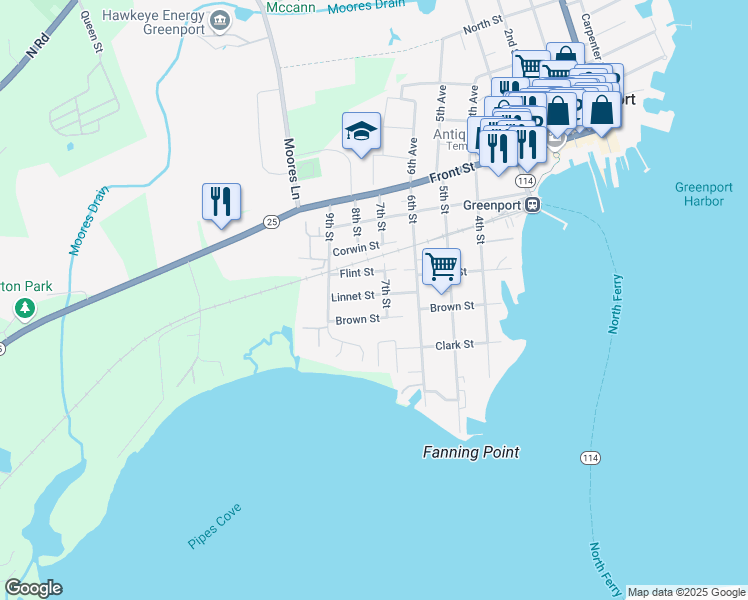 map of restaurants, bars, coffee shops, grocery stores, and more near 711 Linnet Street in Greenport