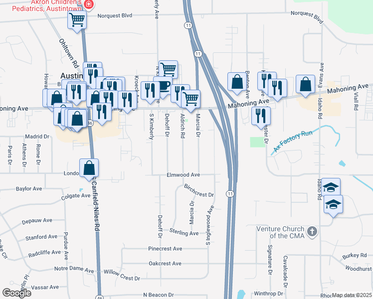 map of restaurants, bars, coffee shops, grocery stores, and more near 125 Aldrich Road in Youngstown