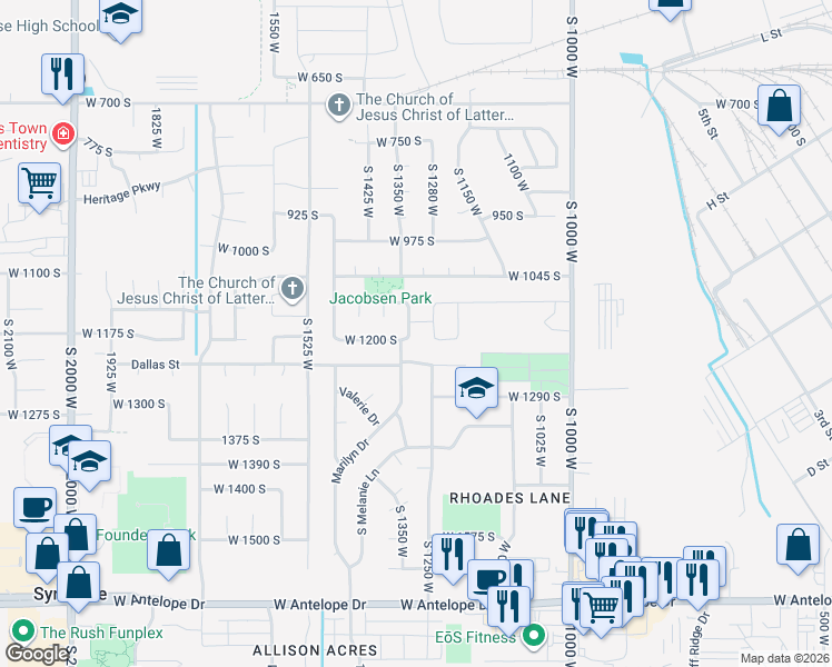 map of restaurants, bars, coffee shops, grocery stores, and more near 1176 South 1325 West in Clearfield