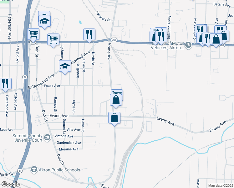 map of restaurants, bars, coffee shops, grocery stores, and more near 955 Home Avenue in Akron