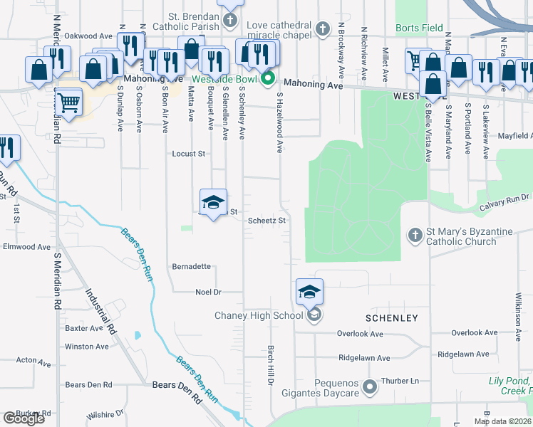 map of restaurants, bars, coffee shops, grocery stores, and more near 2634 Scheetz Street in Youngstown