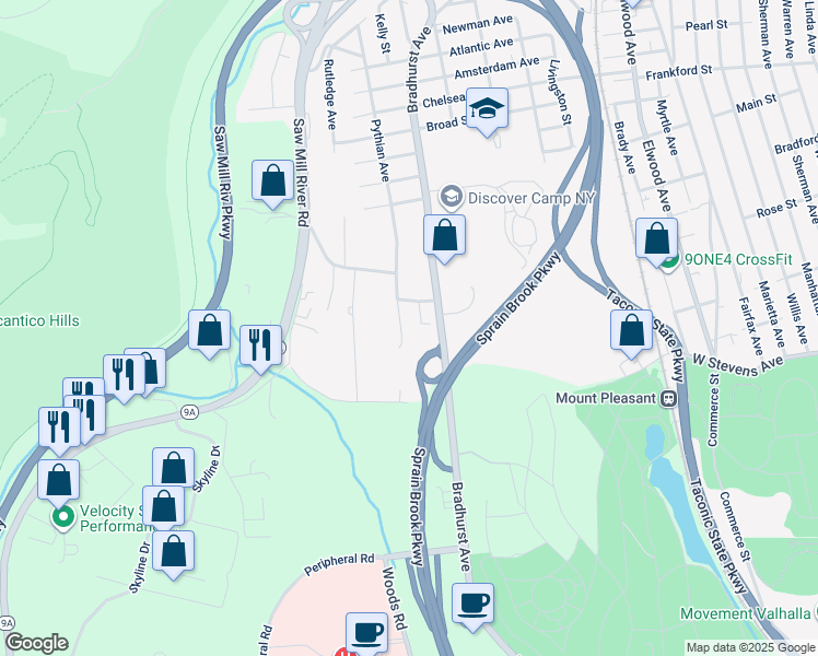 map of restaurants, bars, coffee shops, grocery stores, and more near 132 Pythian Avenue in Hawthorne